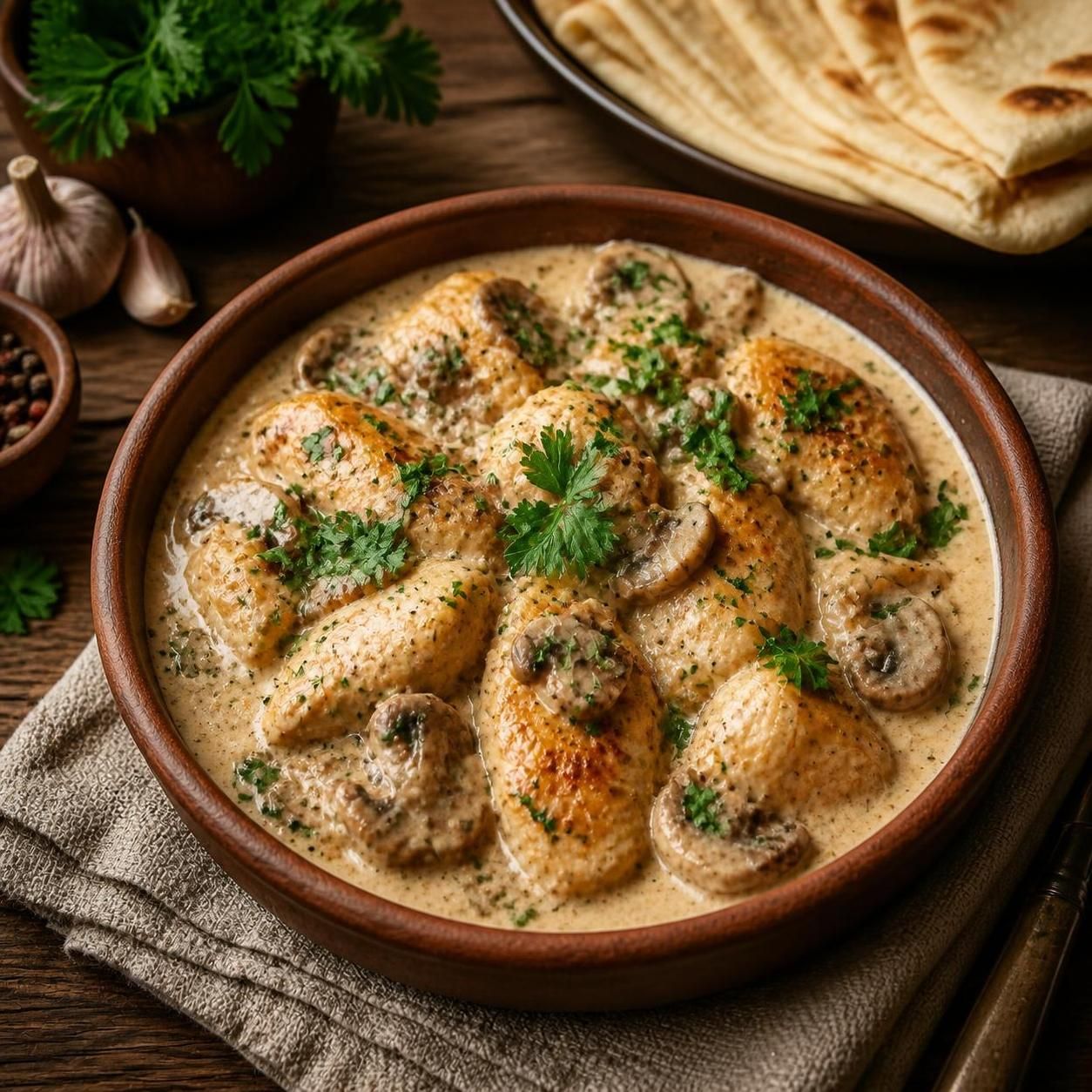 Чкмерули с грибами в сливочном соусе