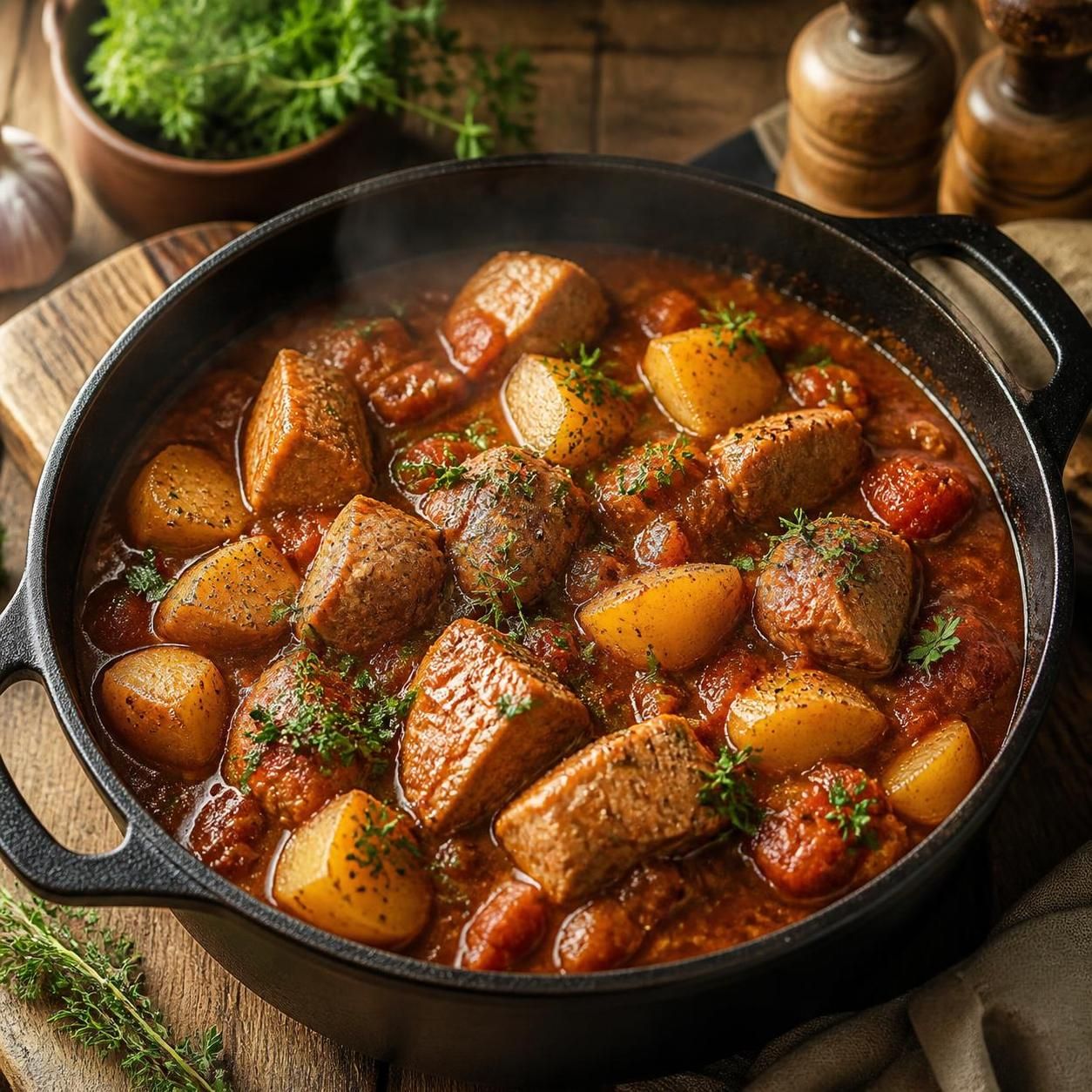 Мясо с подливой и картофелем в казане
