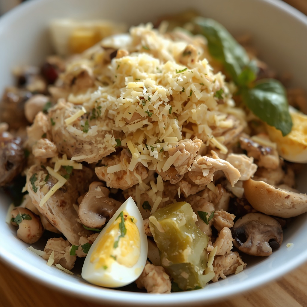 Салат с курицей, шампиньонами и маринованными огурцами