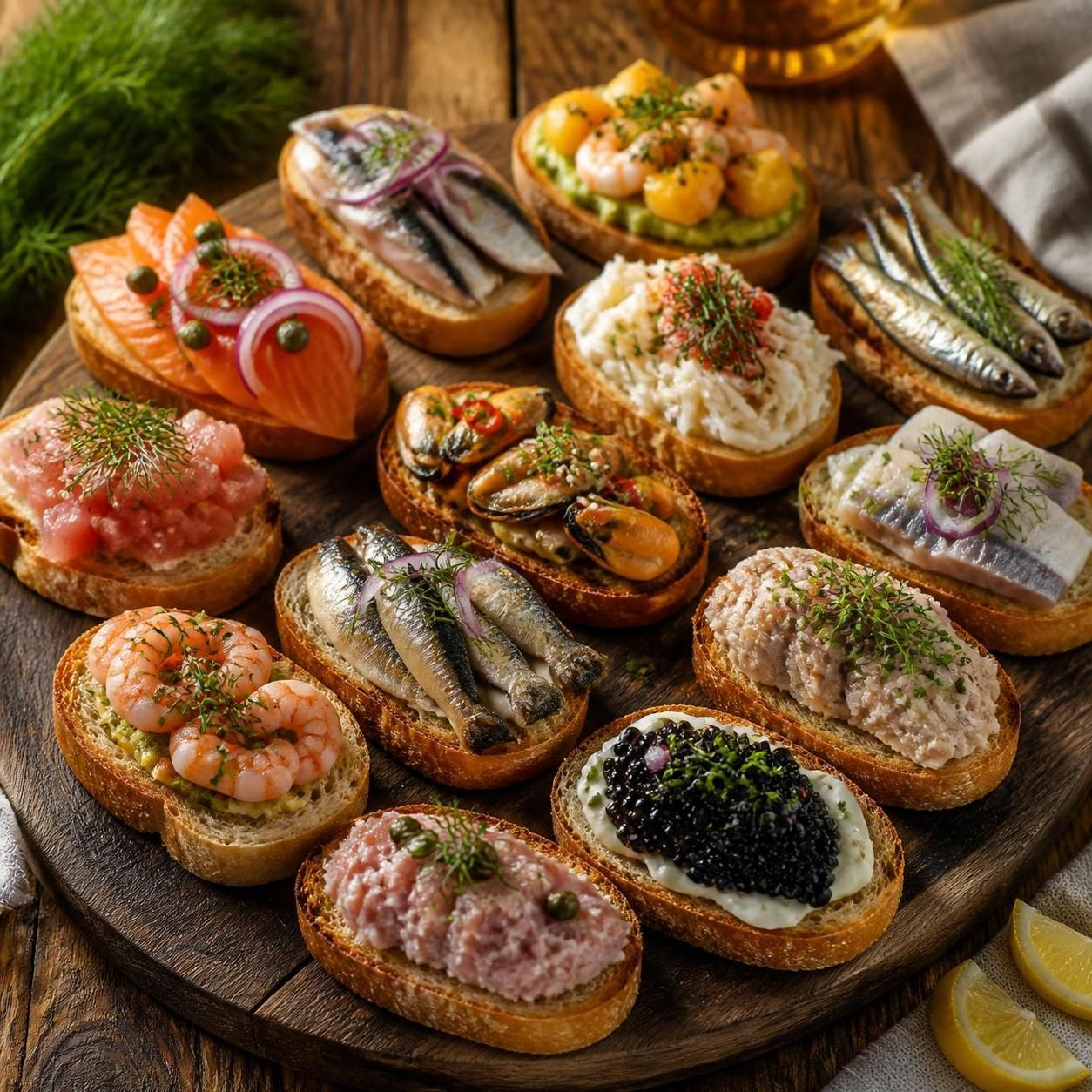 Праздничные тосты с морепродуктами — 12 идей