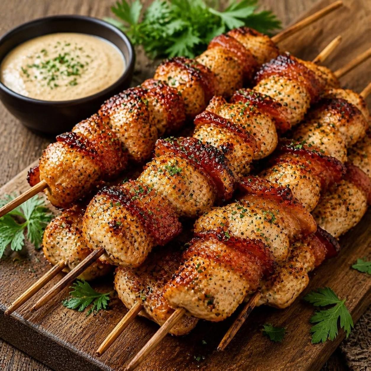 Куриные шашлычки с беконом на шпажках