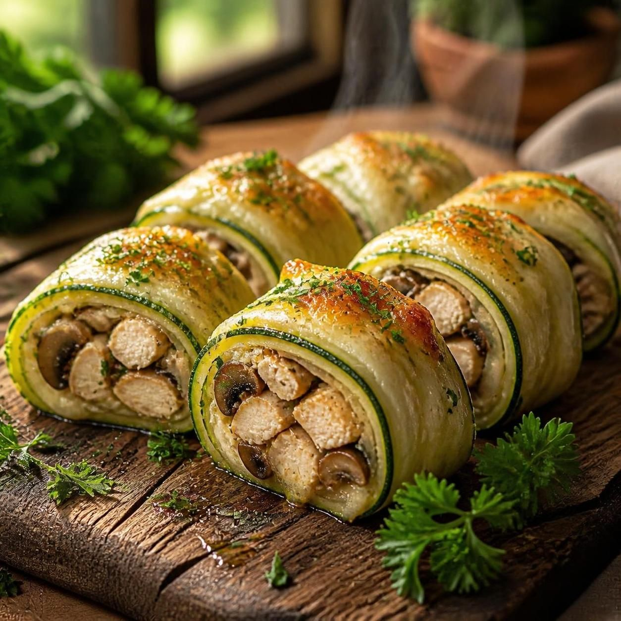 Рулет из кабачка с куриным фаршем и шампиньонами