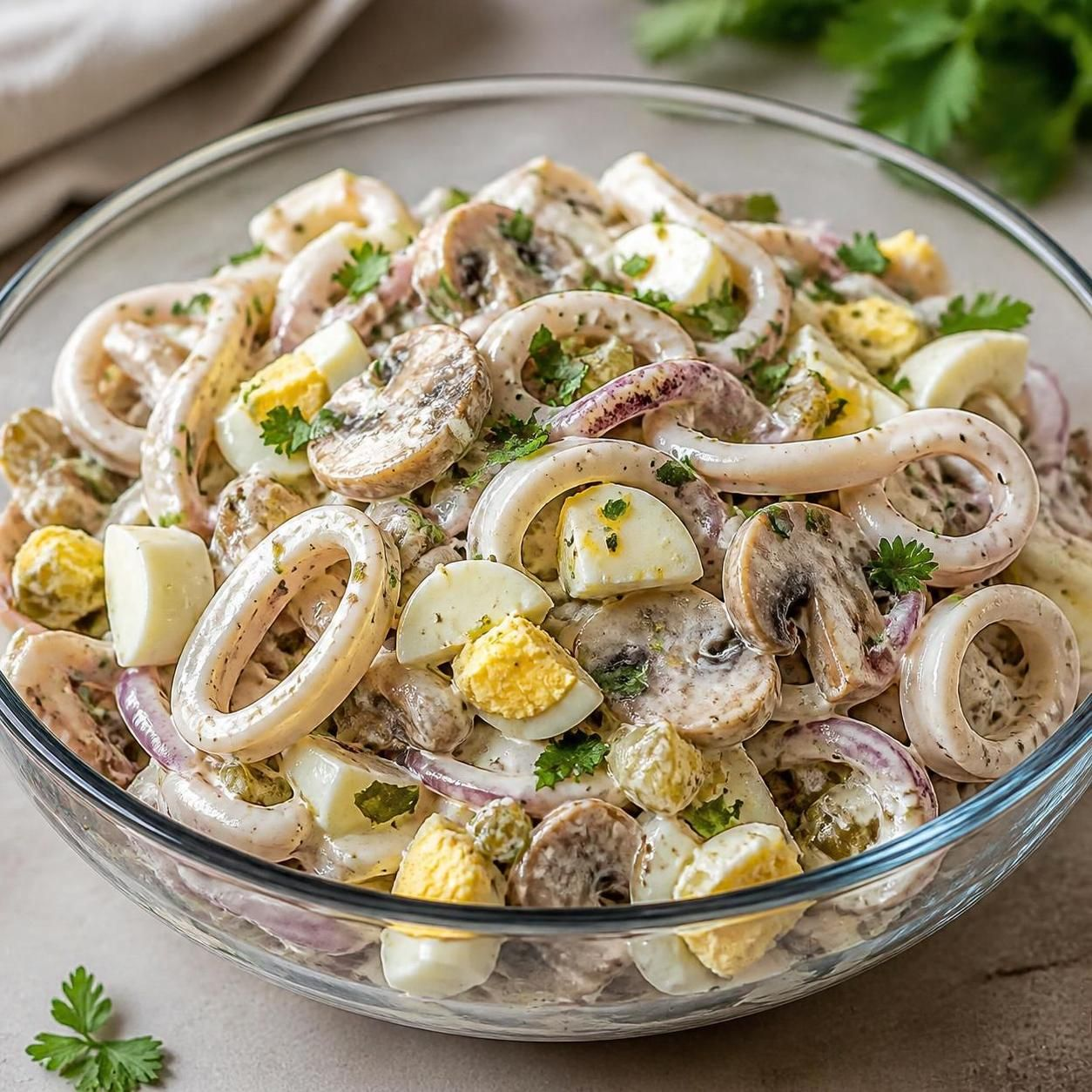Салат с кальмарами и шампиньонами