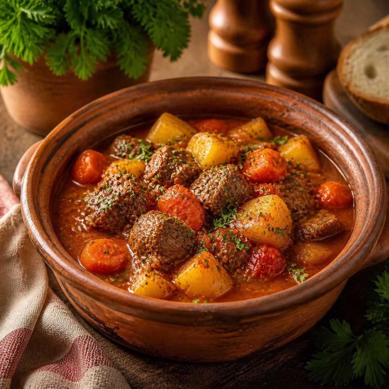 Сочное жаркое из говядины с овощами в сливочно-томатном соусе