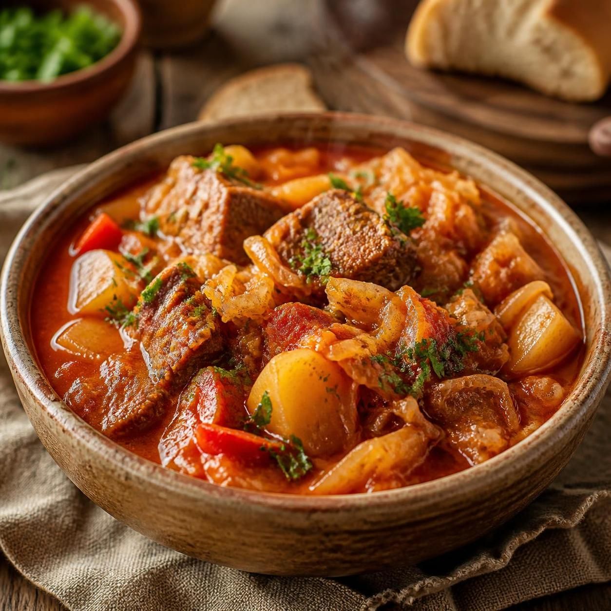 Тушёная капуста с говядиной и овощами